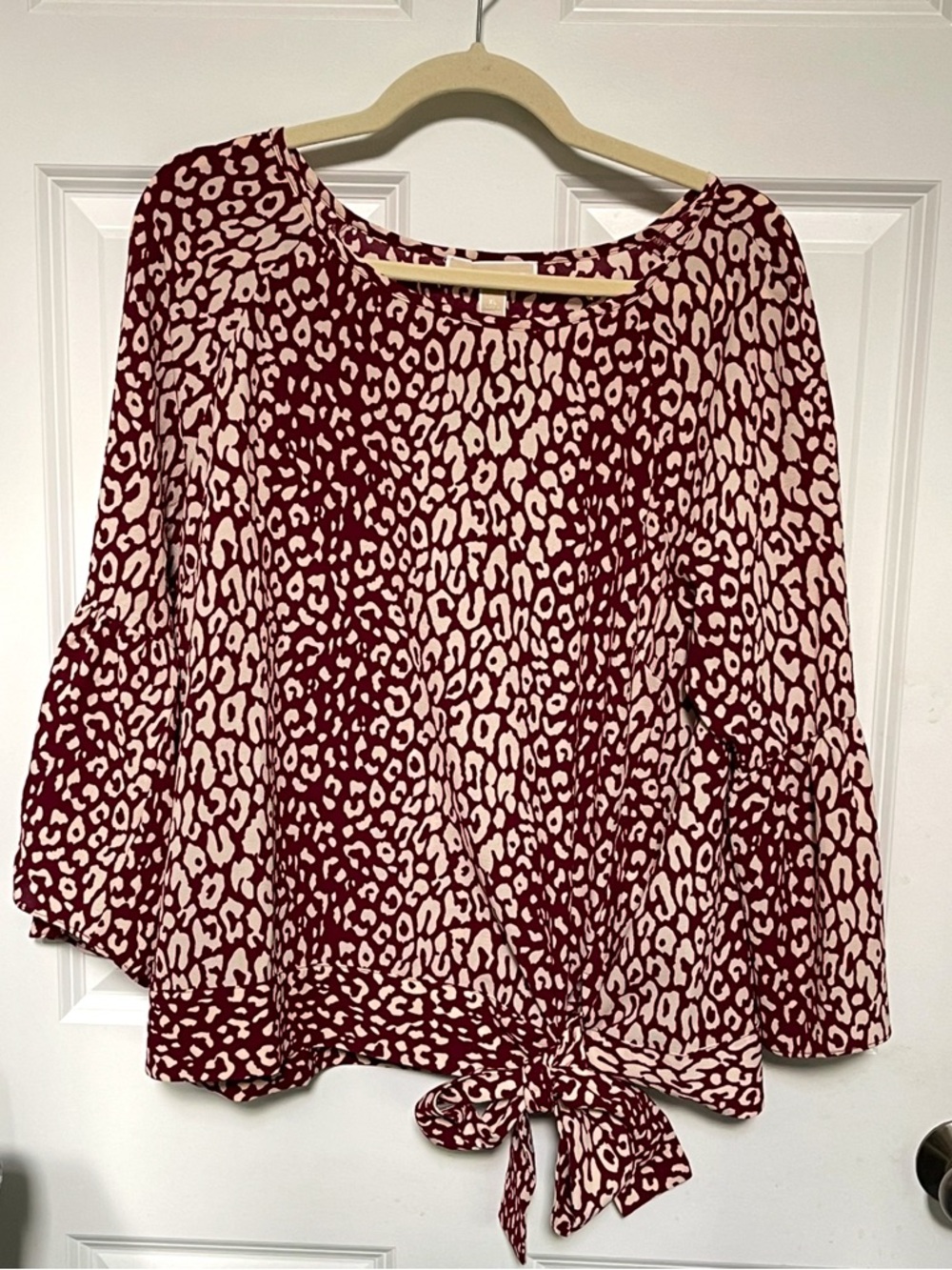 MICHAEL KORS Flowy Maroon Leopard Print Front Tie Blouse Top - XL